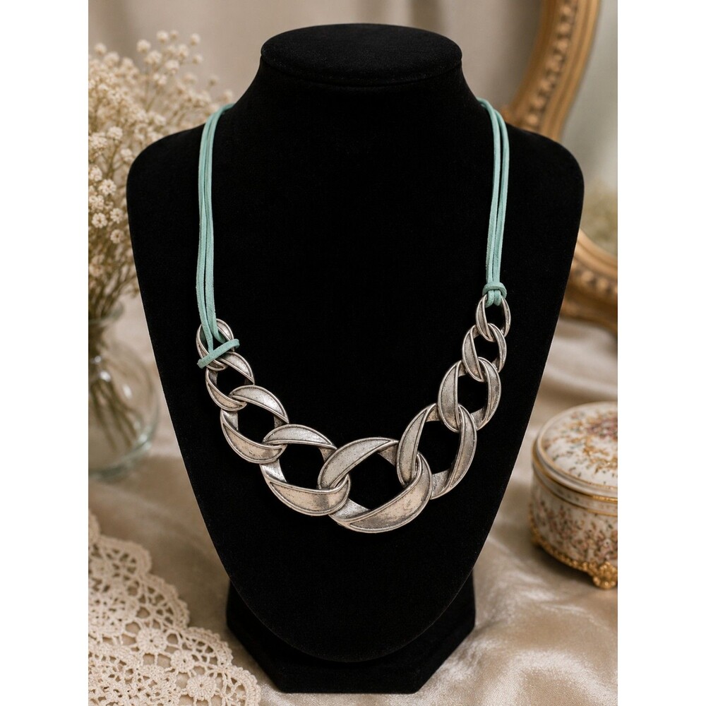 Vintage Silver Tone Chunky Statement Necklace, Turquoise Faux Suede Boho Jewelry